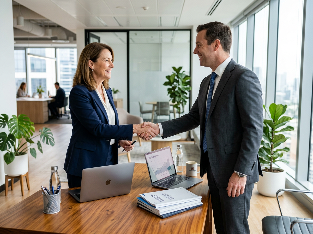 HRLinks consultant partnering with a client in a modern office
